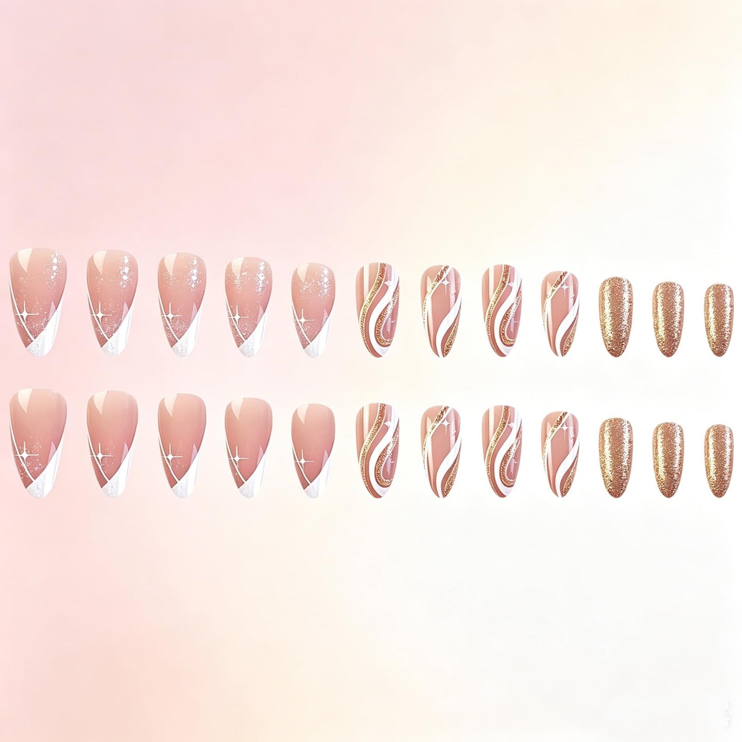 Medium Almond False Nails with Curve Line Design Stars Press on Nails Glossy Gold Glitter Fake Nail Wave Stick on Nail Milky Way Glue on Artificial Fingernails for Women Daily Wear