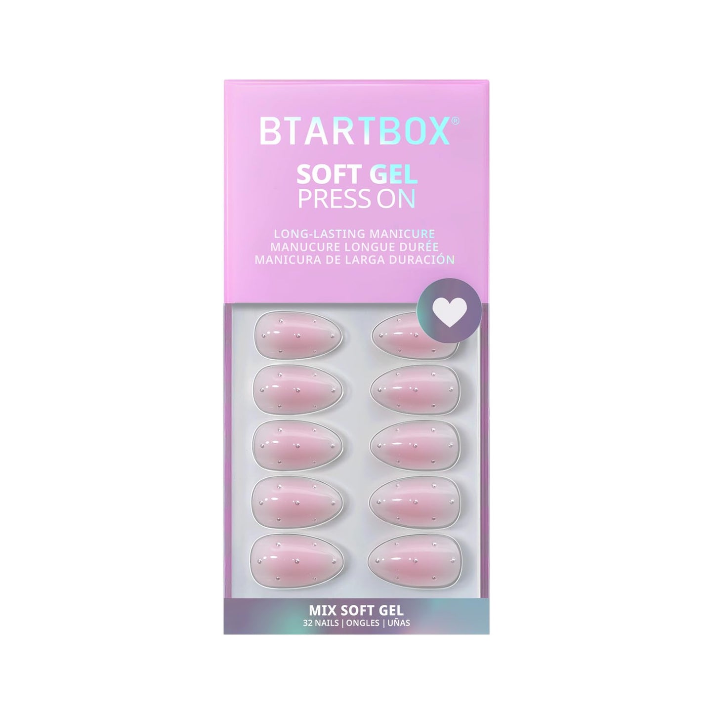 BTArtbox Press On Nails Short - Shy Metal, 3D Pearl Accents Pink Almond Press On Nails with Glue and Adhesive Tabs for Women in 16 Sizes - 32 Nails All-in-One Kit