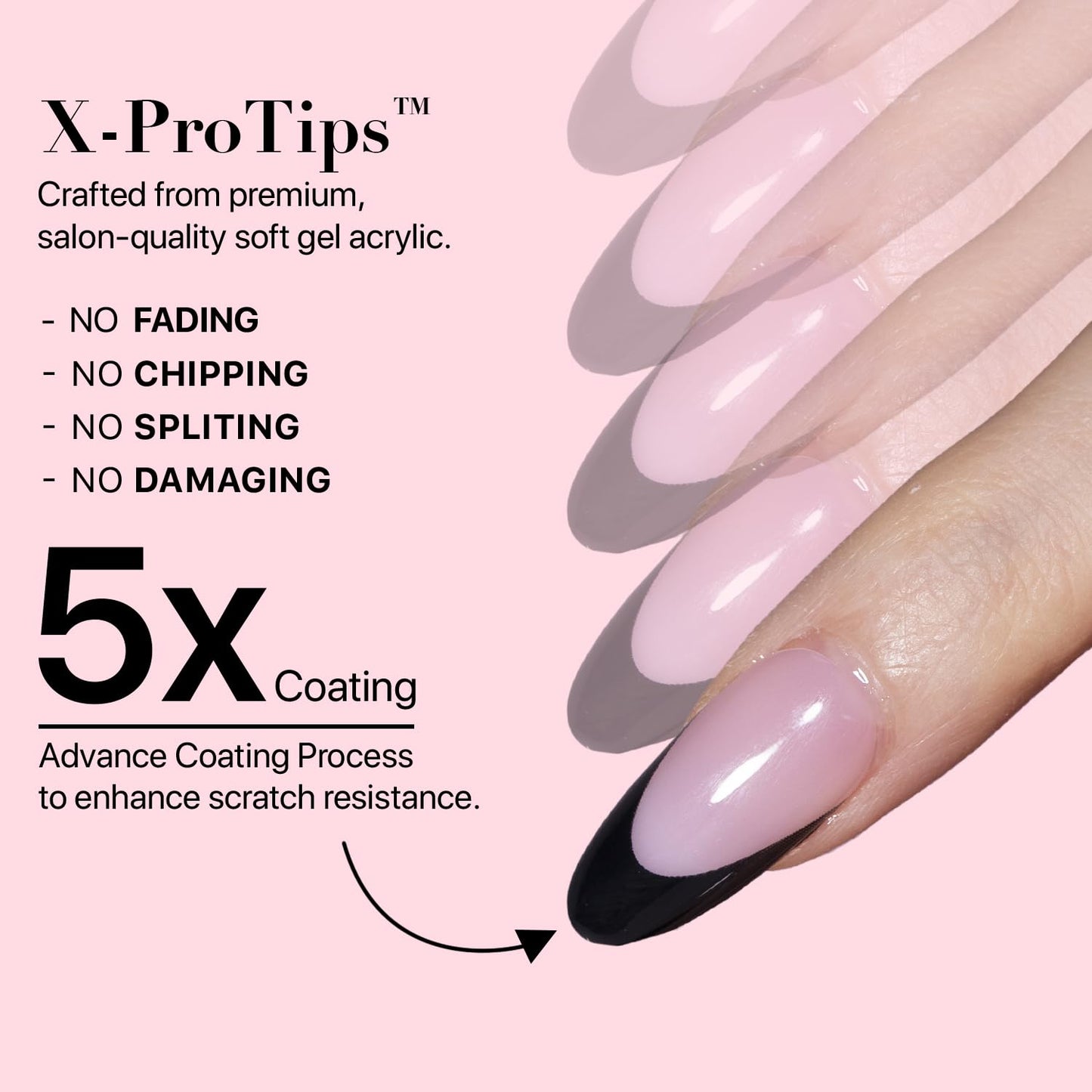 SXC Cosmetics French Tip Press On Nails 150 Pieces in 15 Sizes Ultra Fit with Pre-applied Tip Primer and Base Coat, No Need to File Fake Nails for Nail Art DIY X-Pro Tips (BLACK115-M Almond)