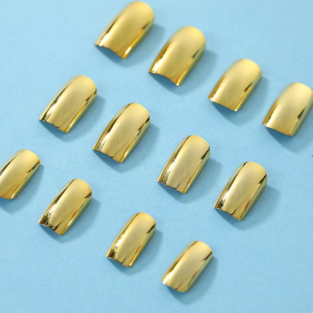 Gold Press on nails Metal Chrome Fake Nails Short Square False Nails Press ons Mirror Golden Acrylic Nails Glossy Luxurious Metal Glue Stick on Nail for Women Manicure 24pcs