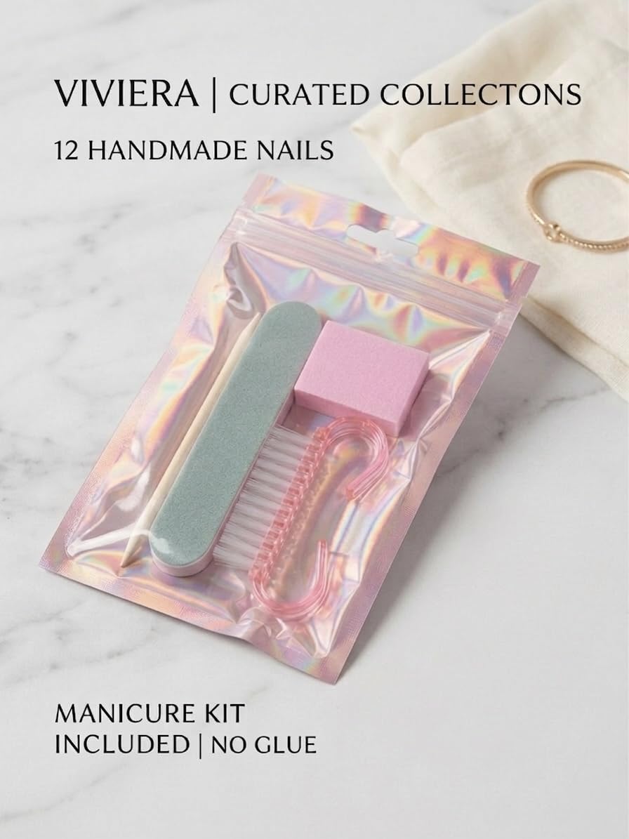 Viviera Press-On Nails, Nude French Tip with Blue Floral Accents, Almond Shape, 12 Count, Manicure Kit Included