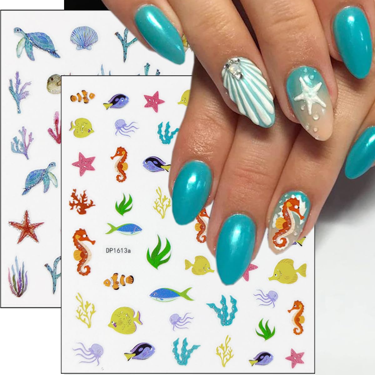 6Pcs Summer Nail Stickers for Nails Art 3D Self Adhesive Beach Nail Decals Tropical Octopus Crab Sea Turtle Shell Design Ocean Nail Supplies Accessories Seahorse Starfish Nail Art Stickers for Women