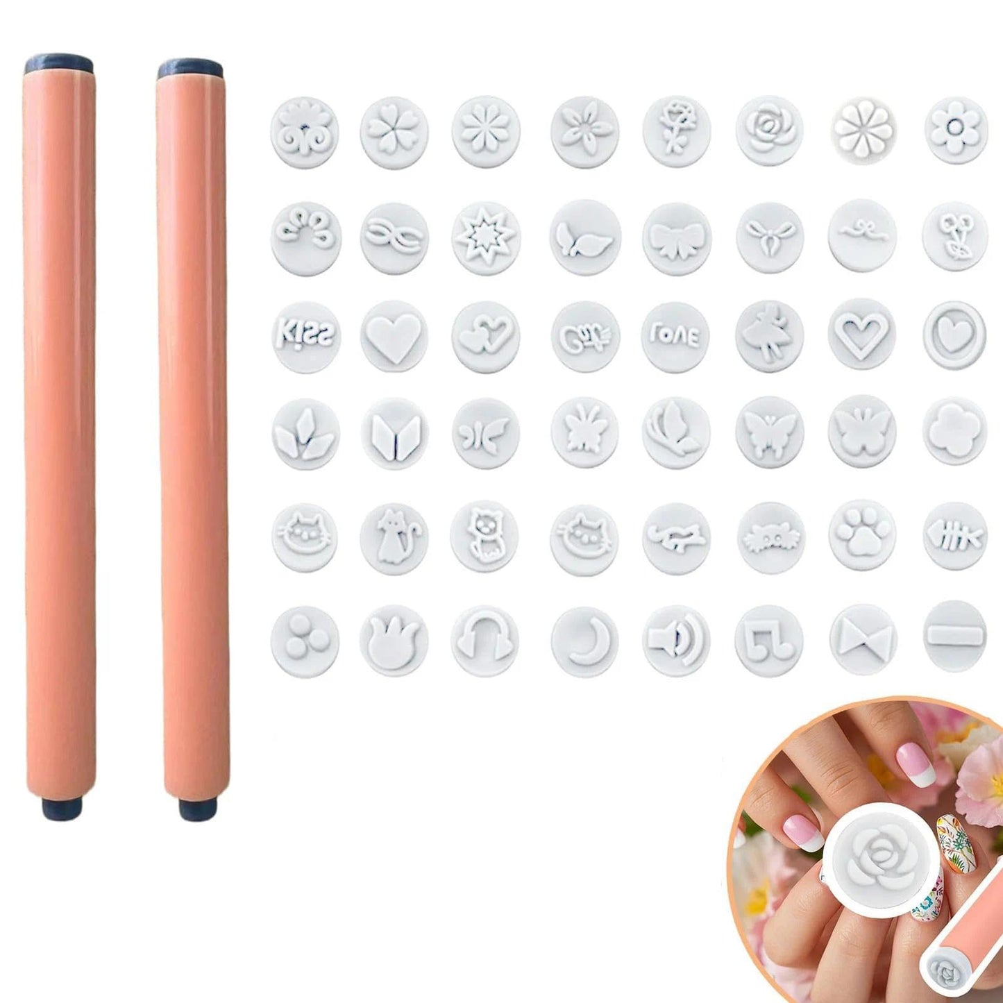 48 Pcs Nail Stamp Pen Set with 2 Ergonomic Handles & 48 Interchangeable Stamp Heads, Floral Butterfly Animal Patterns Nail Art Stamping Kit, Portable Storage Case Included, Design Tools for Women