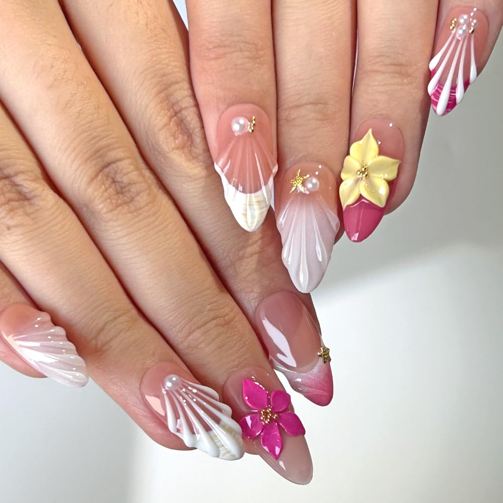 Press On Nails - Luxury Almond 3D False Nails Women Reusable ABS Material Finger Printed Nail Tip French Salon Design Artificial Fingernail (Size S)