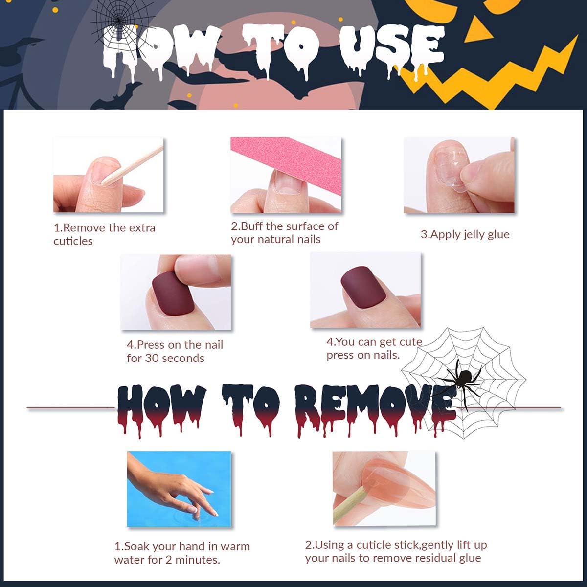 Almond Press on Nails Halloween Fake Nails Matte False Nails Press ons with Ghost & Flower Design - Reusable Artificial Nail Full Cover Glue on Nail Stick on Nails for Women Manicure 24 Pcs