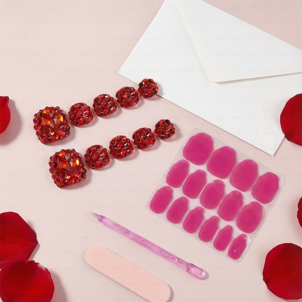IntoVibes 10 Pieces Handmade Luxury Press On Toenails With Rde Bling Rhinestones, Full Cover, Press On Nails Stick On Toe Nails For Women Manicure, Acrylic Fake Toe Nails (M)