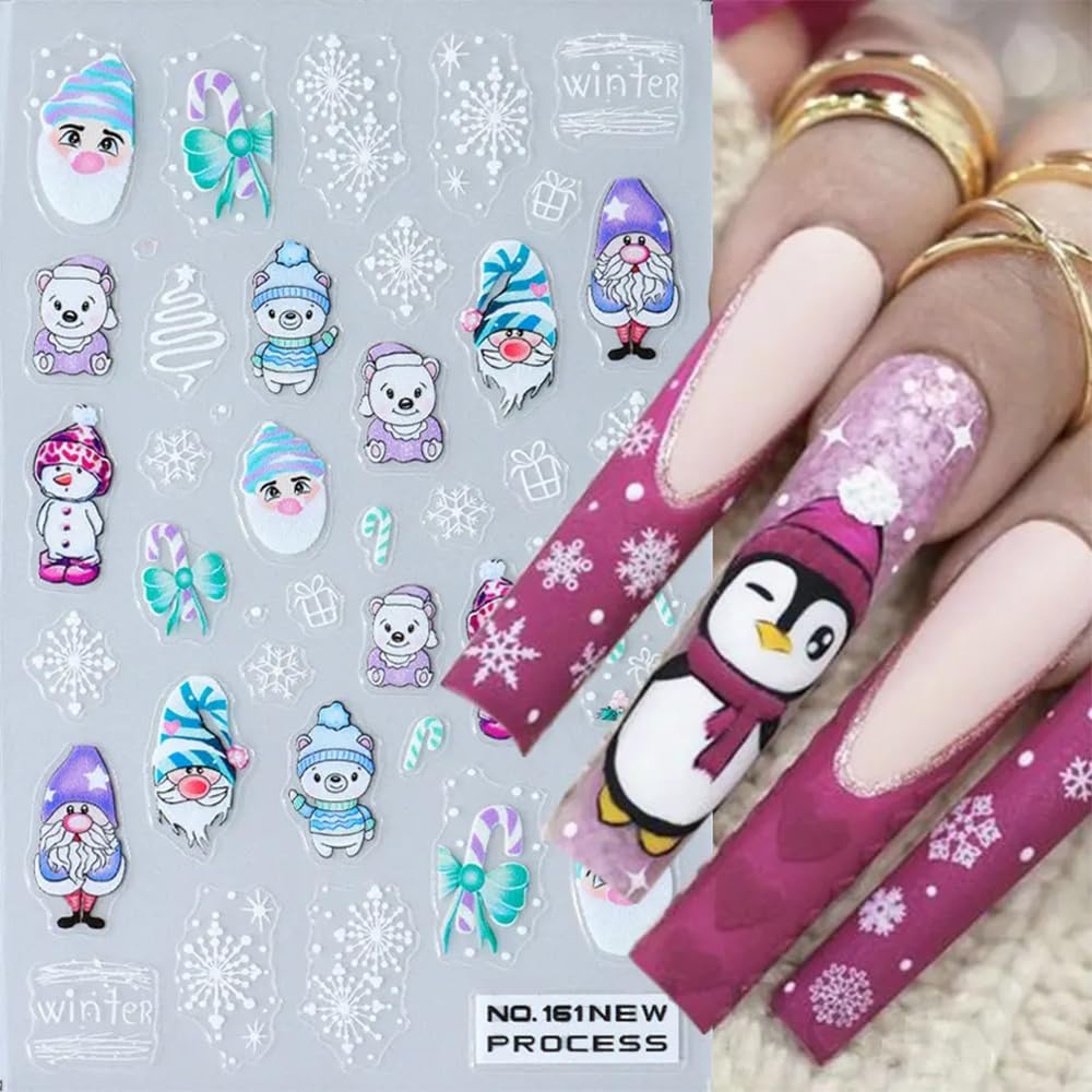 Christmas Nail Art Stickers, Snowflake Nail Decals 3D Self-Adhesive Snowflake Santa Claus Snowmen Winter Nail Design DIY Christmas Nail Decoration for Party(6Sheets)