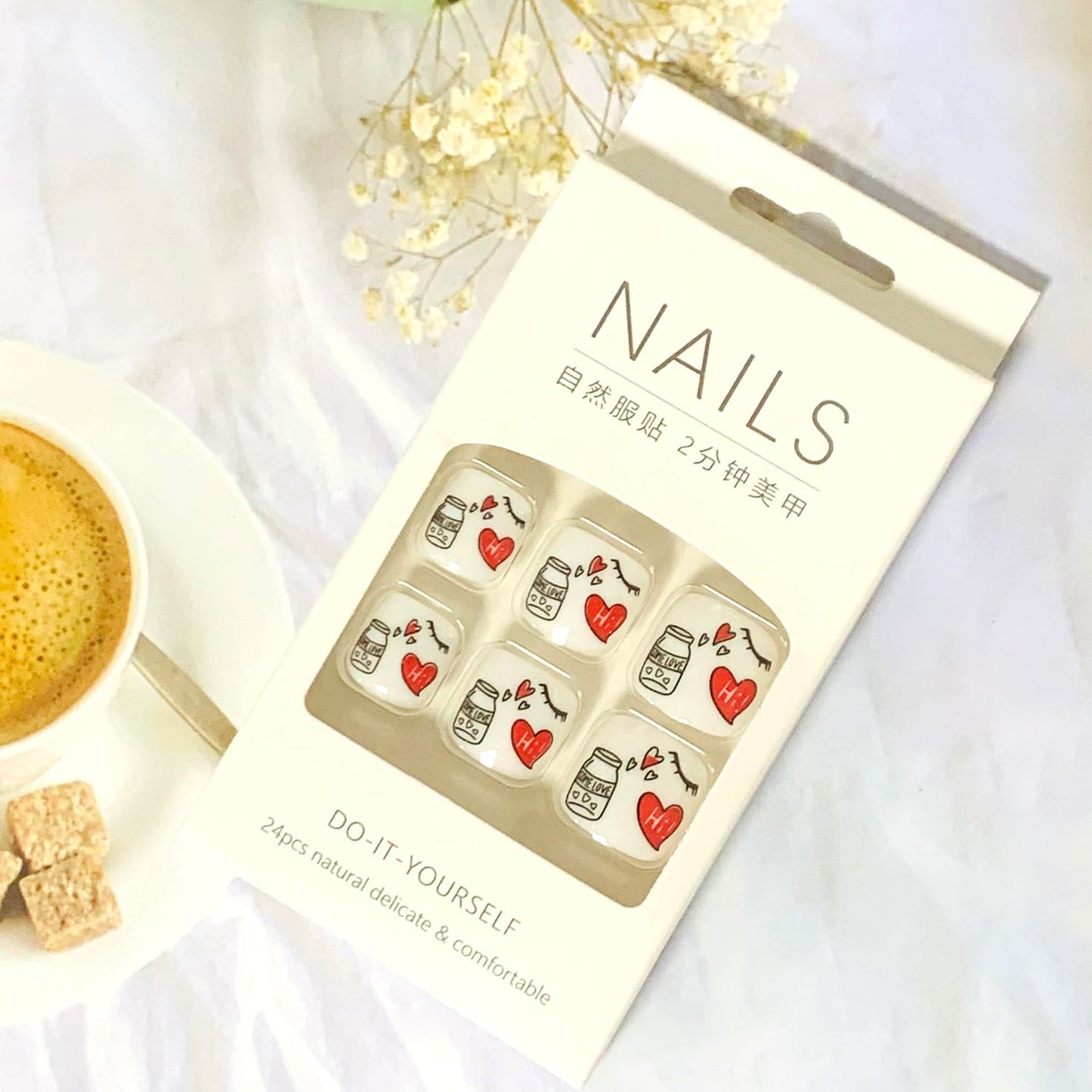 Artificial Acrylic Fake Nails for Toe, Press on Toenails Coffin with Heart Designs, Full Cover Reusable False Toenails with Glue, Glue on Toenails with Charm, Stick on Toe Nails for Women(F105)