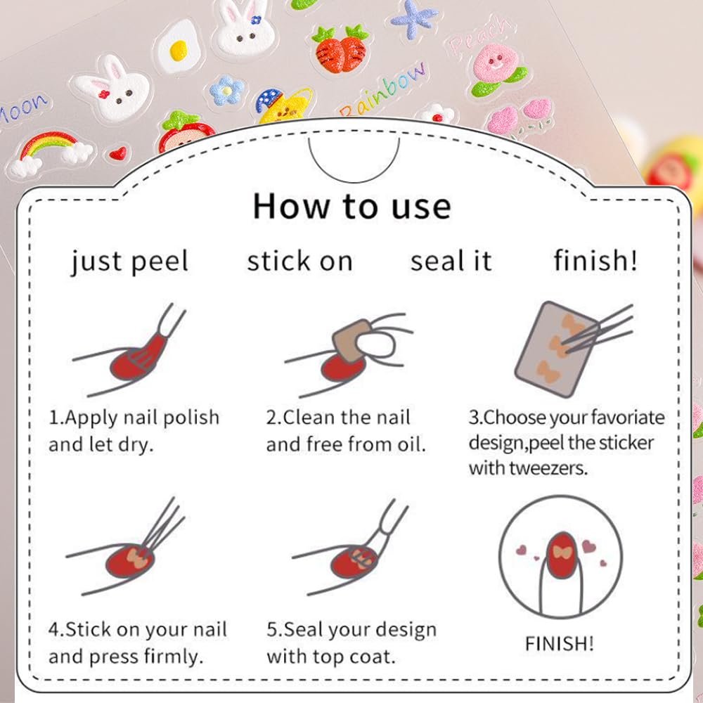 8 Sheets Kids Nail Stickers for Nail Art, 5D Embossed Self-Adhesive Flower Rainbow Dog Fruits Cherry Nail Decals, Cute Nail Supplies Designs Accessories for Women Girls Toddler Manicure DIY Decoration