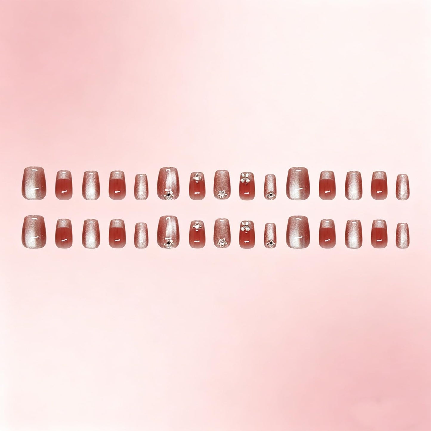 HZJXRT Press on Nails Short Square Sparkly White French Tips Fake Nails with Rhinestones Design, Glossy Pink Full Cover Glue On False Nail Flower Stick on Artificial Fingernails for Women Gift