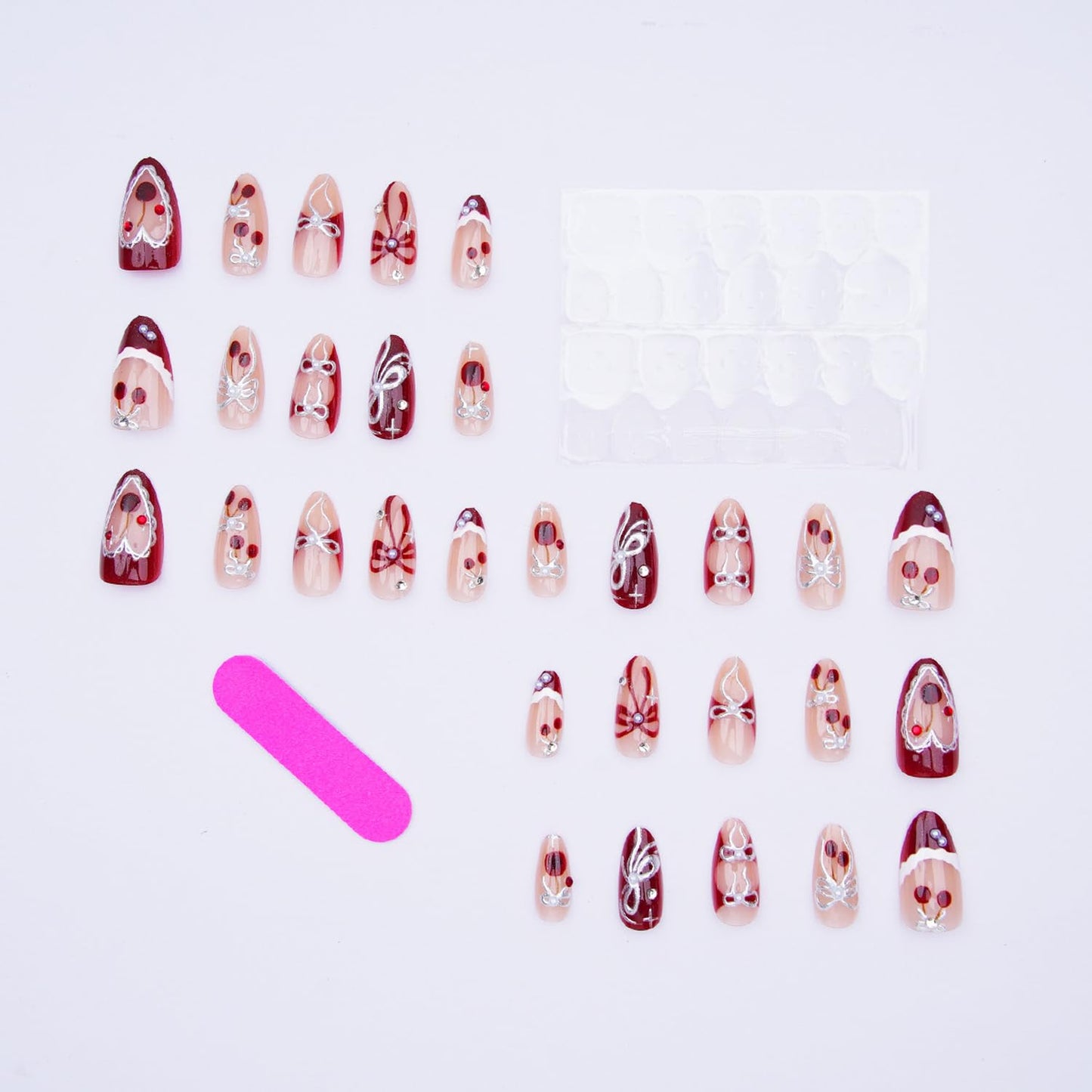 30pcs French Tip Press on Nails Medium Almond Fake Nails with 3D Bow Pearl Sweet Style French Cherry False Nails Cute Bow Press on Full Cover Artificial Glue on Nails Rhinestone Stick on for Women