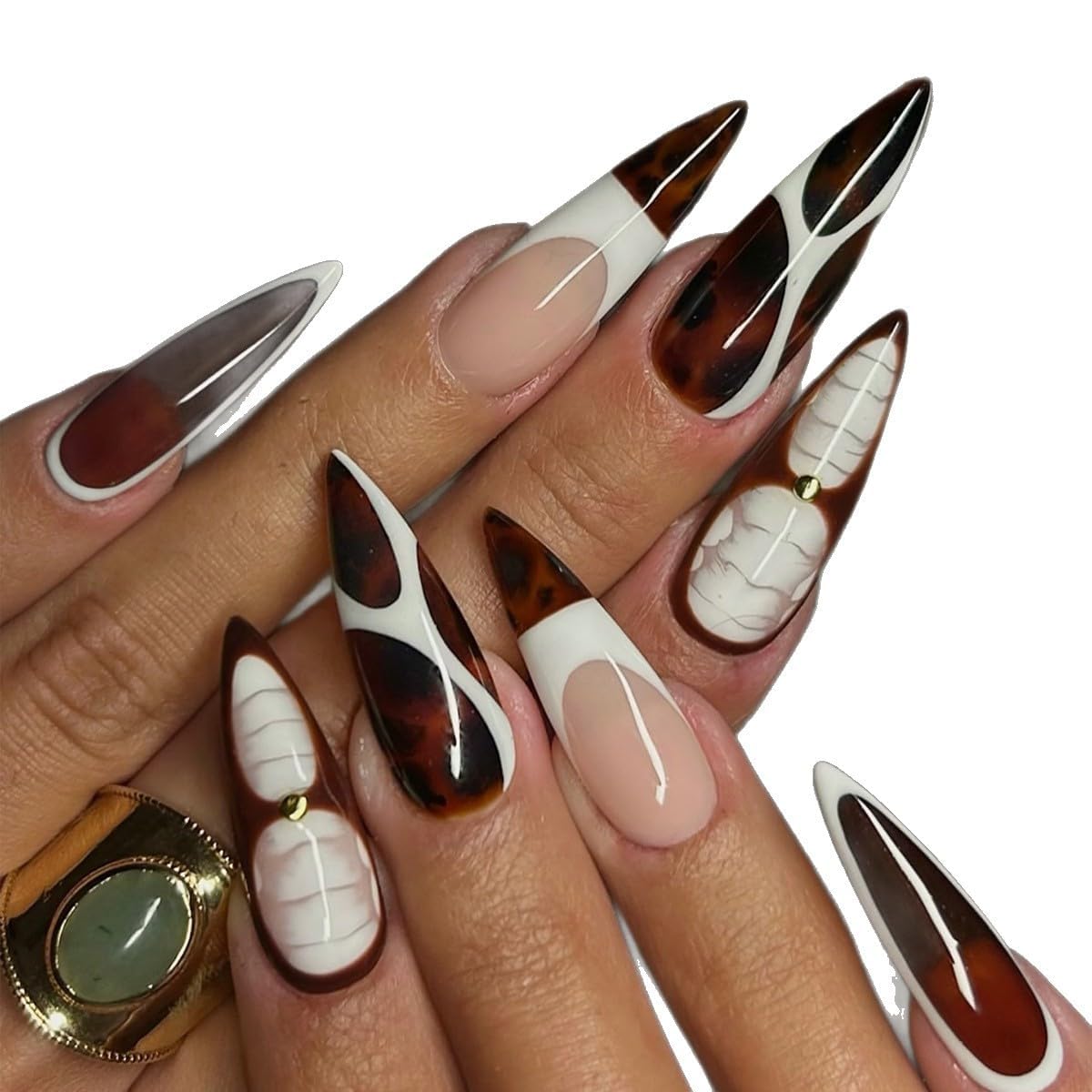 plalely Stiletto Press on Nails Long Brown Fake NailRugby Football Style Acrylic Nail Press ons Stick on Nails for Women 24pcs