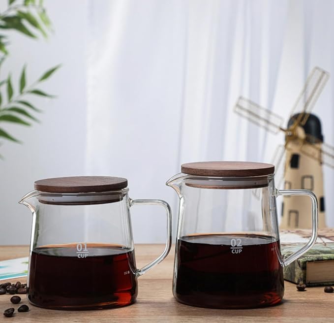 Elegant Clear Glass Creamer Coffee Milk Creamer Pitcher, Coffee Pot Serving Set with Handle and Wooden Lid-Smooth-20OZ-H