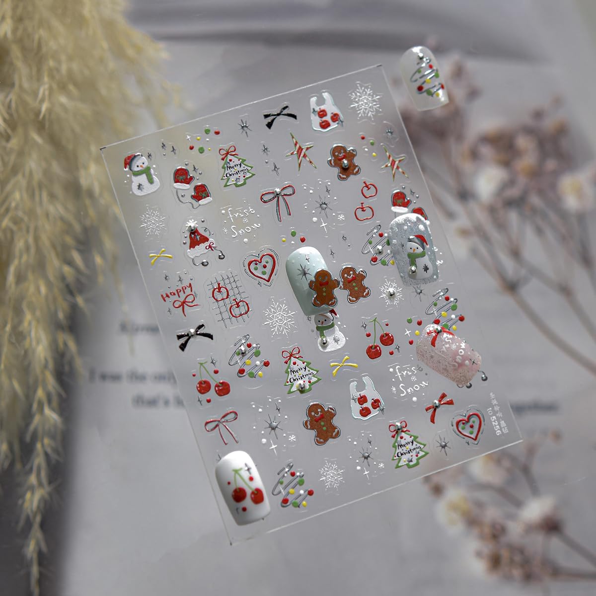 Christmas Nail Stickers for Nail Art Santa Hat Gloves Snowman Snowflake Gingerbread Cherry Bow Nail Decals Xmas Stickers for Nails Design 3D Self Adhesive Nail Art Decorations for Women Girls 1 Sheet