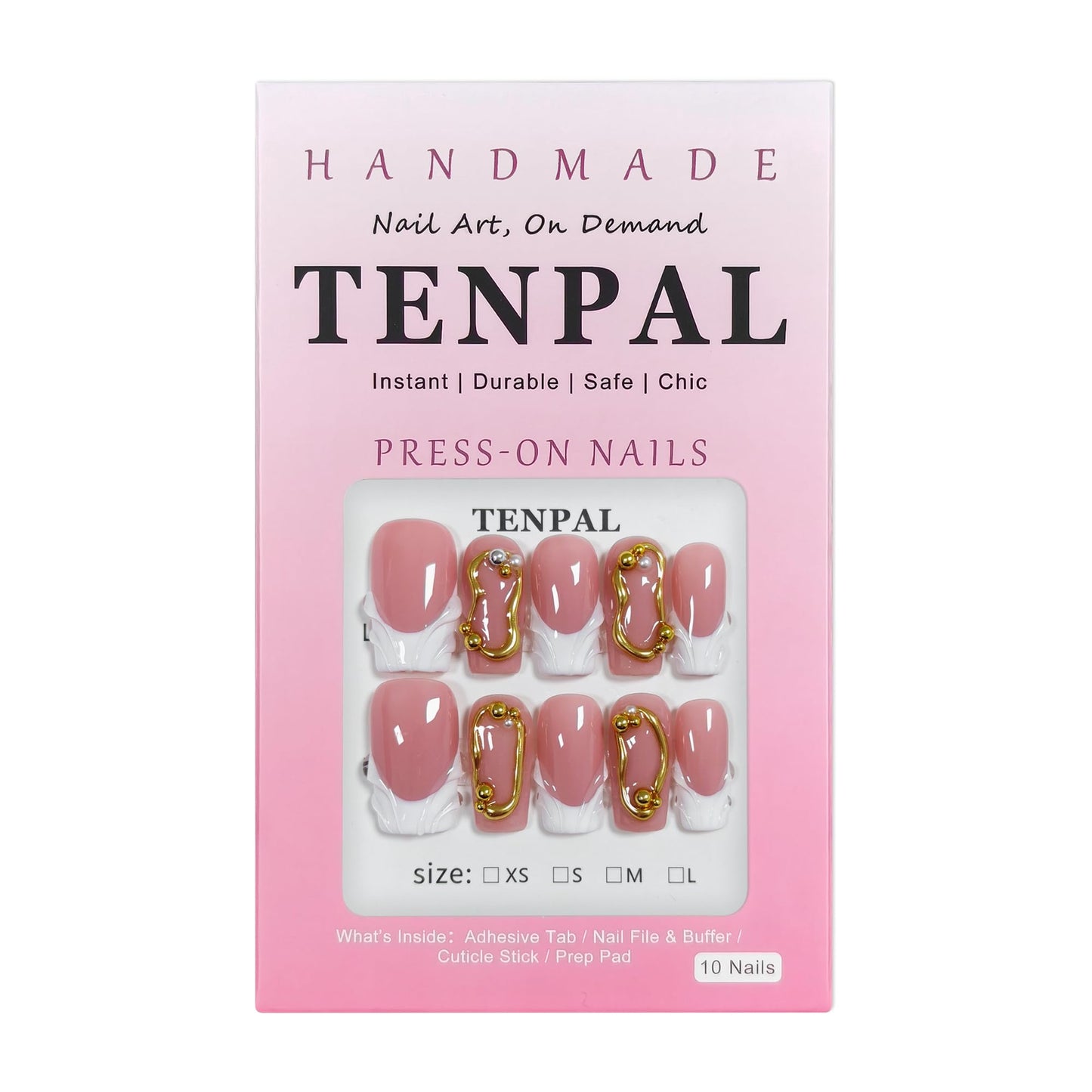 TENPAL Sheer Handmade French Tips Press on Nails Long Square 3D Embossed White Tip Nude Pink Fake Nails for Parties Daily Modern Minimalist Glossy False Nails for Women Gifts 10pcs(S)