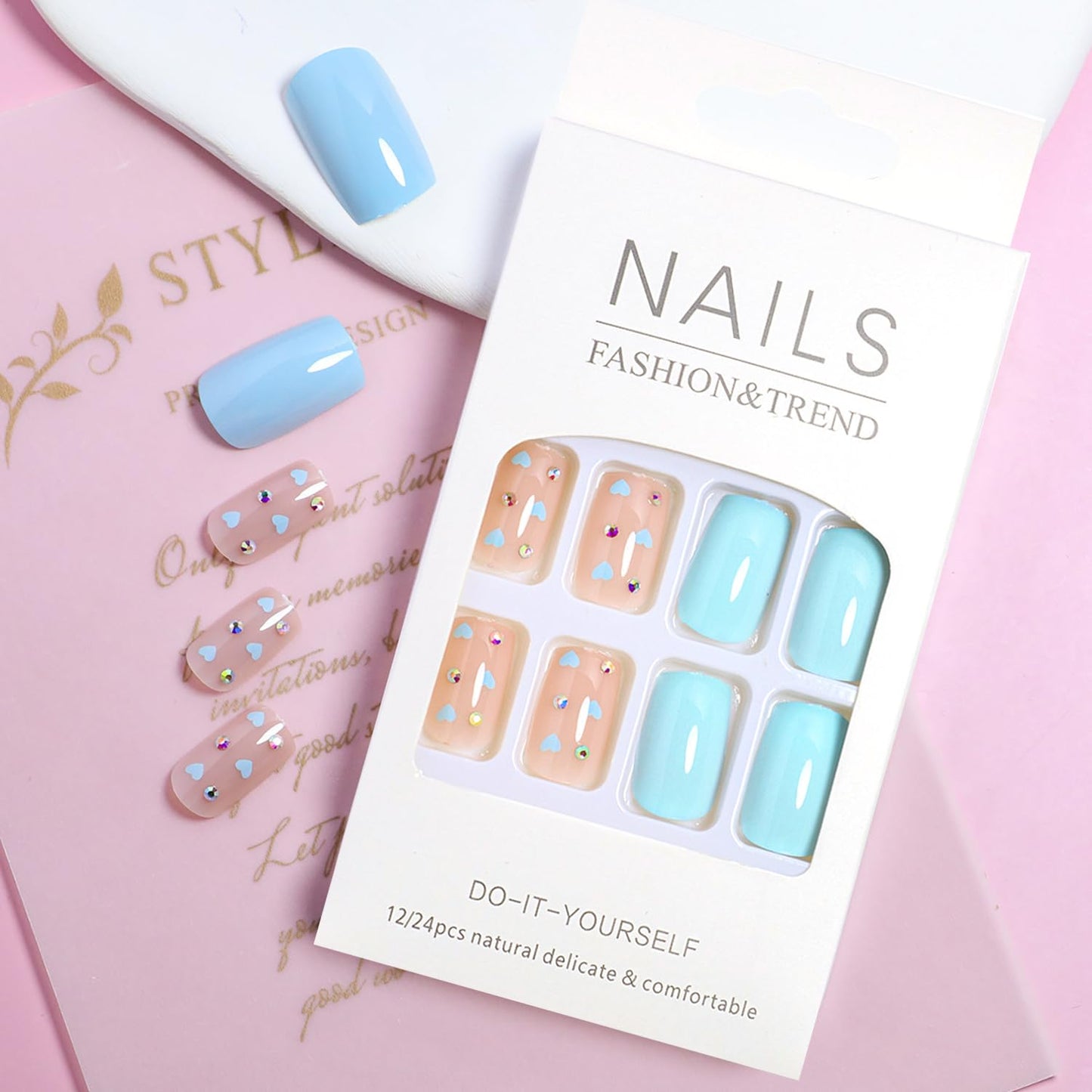 Vezocim Press on Nails Medium Blue Heart 24Pcs Glossy Full Cover Square False Nails with Rhinestone Designs Artificial Coffin Fake Nails with Glue Stick on Fingernails for Women
