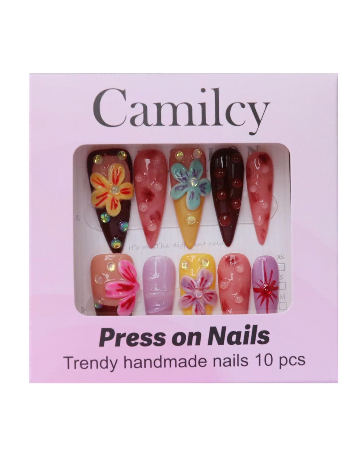 CAMILCY Luxury Handmade Press on Nails Long Almond Tip Stiletto Glossy 3D Flower Salon Hand painted Fake Nails Chocolate Pink Purple Reusable Nails Full Cover Acrylic Nails for Women 10psc (B08, M)