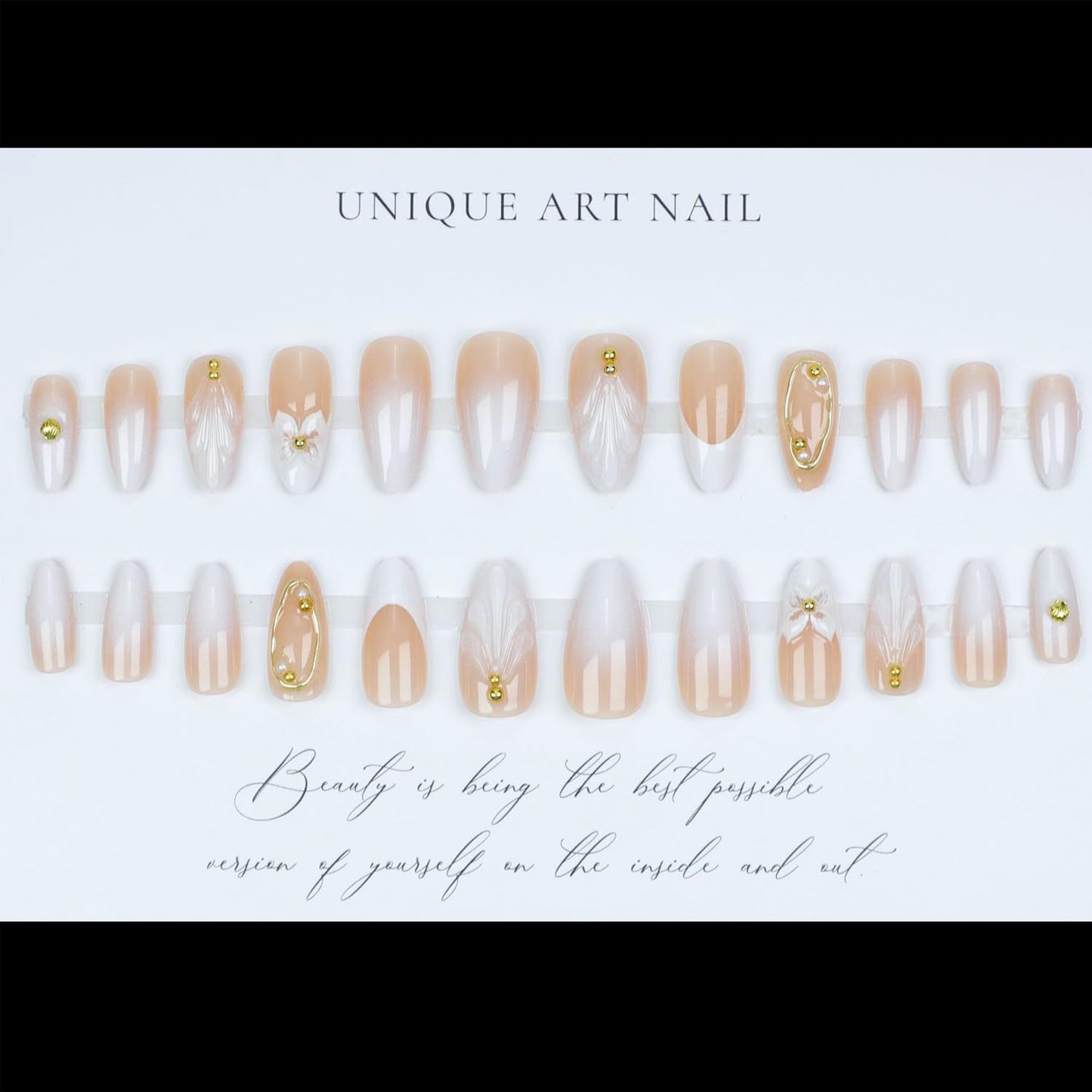 White French Press on Nails with Medium Almond Fake Nails Gold Steel Beads Design French Gradient Nails Press ons Flower Stick on Nails Glossy Full Cover Stick on Nails for Women Daily Wear 24Pcs