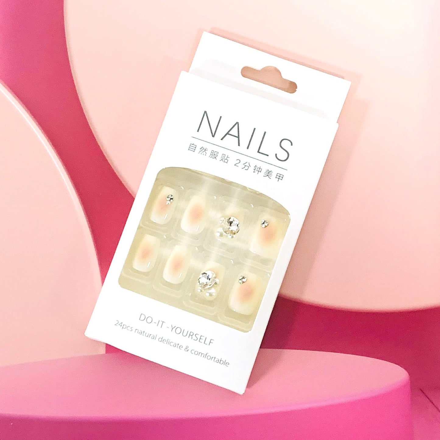 Vezocim Press on Nails Short Square-24Pcs Glossy Full Cover Acrylic White False Nails with Rhinestone Designs Artificial Extra Short Square Fake Nails with Glue Stick on Fingernails for Women Girls