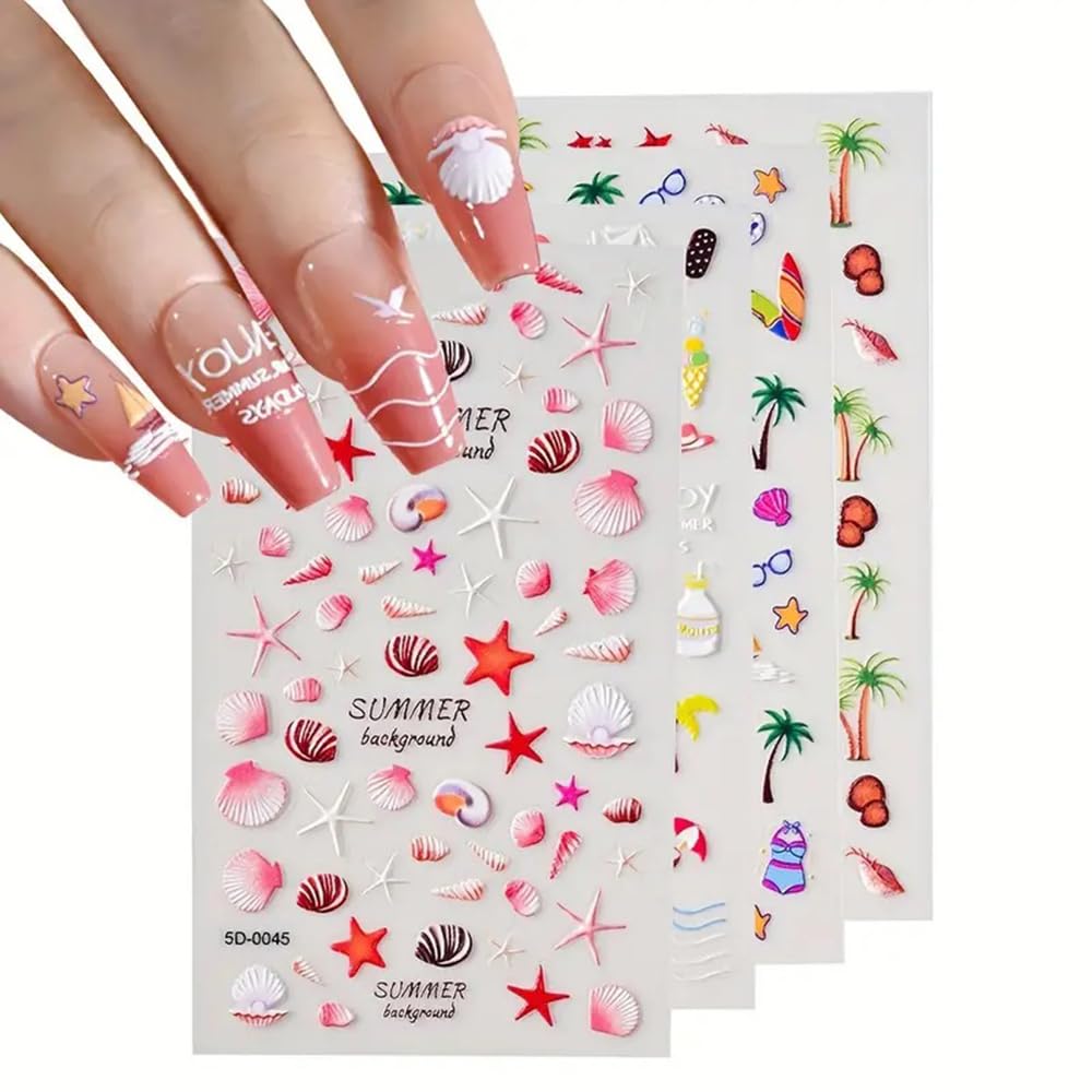 Teilihai 4 Sheets 5D Embossed Ocean Style Nail Art Stickers Starfish Seashell Design Nail Stickers Coconut Tree Nail Art Decals for Nails Decoration, Self Adhesive Nail Supplies for Women and Girls