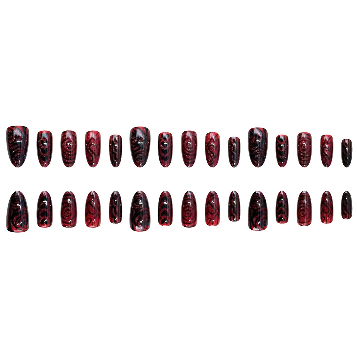 30Pcs Cute Valentine's Press on Nails Dark Red Fake Nail with Black Heart Rose Design Glossy Valentines Press On French Tip Stick on Stripes Full Cover Wine Red Glitter Love Artificial Nails for Women