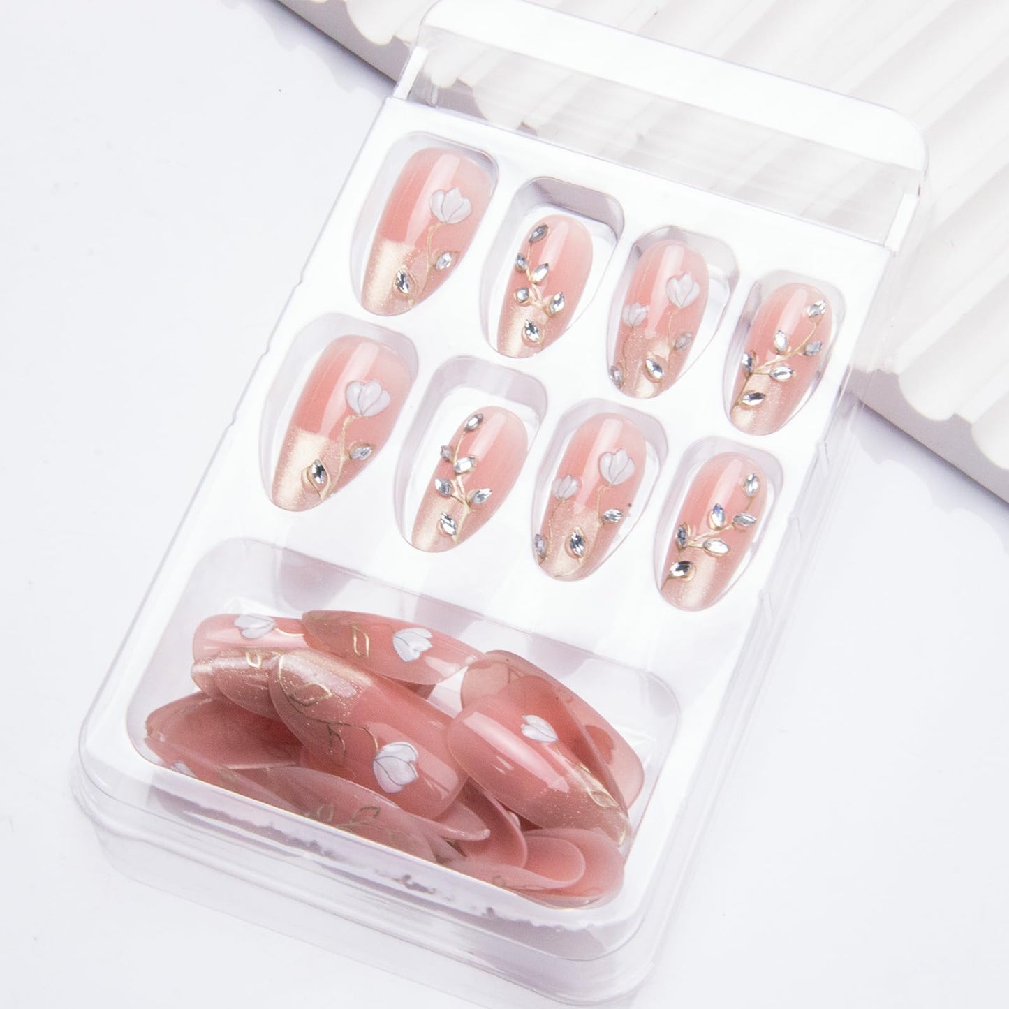 Almond Press on Nails Spring Flowers Fake Nails Glossy Glitter Chrome False Nails Press ons Nude French Acrylic Nails Cute Cat Eye Glue on Nails for Women Nail Decoration 24Pcs