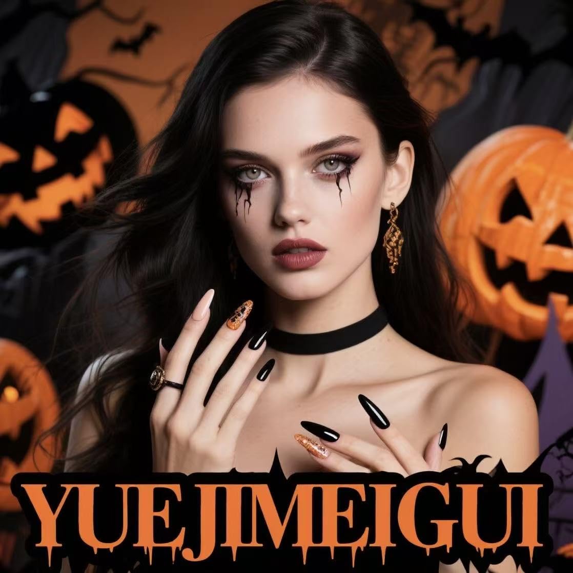 Halloween Press-On Nails Fluorescent Green Skull City Design False Nails Long Almond False Nails Butterfly Spider Acrylic Stickers Nail Gloss Halloween for Women Girls 24pcs