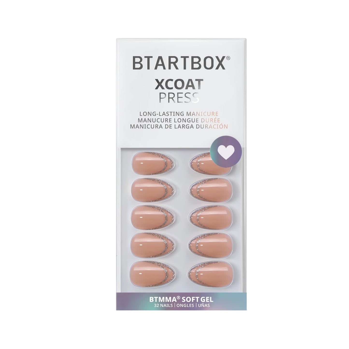 BTArtbox French Tip Press On Nails - Sliver Bells, Lamp-Curable Short Almond Press On Nails with Glue and Adhesive Tabs for Women in 16 Sizes - 32 Soft Gel Glue On Nails Kit