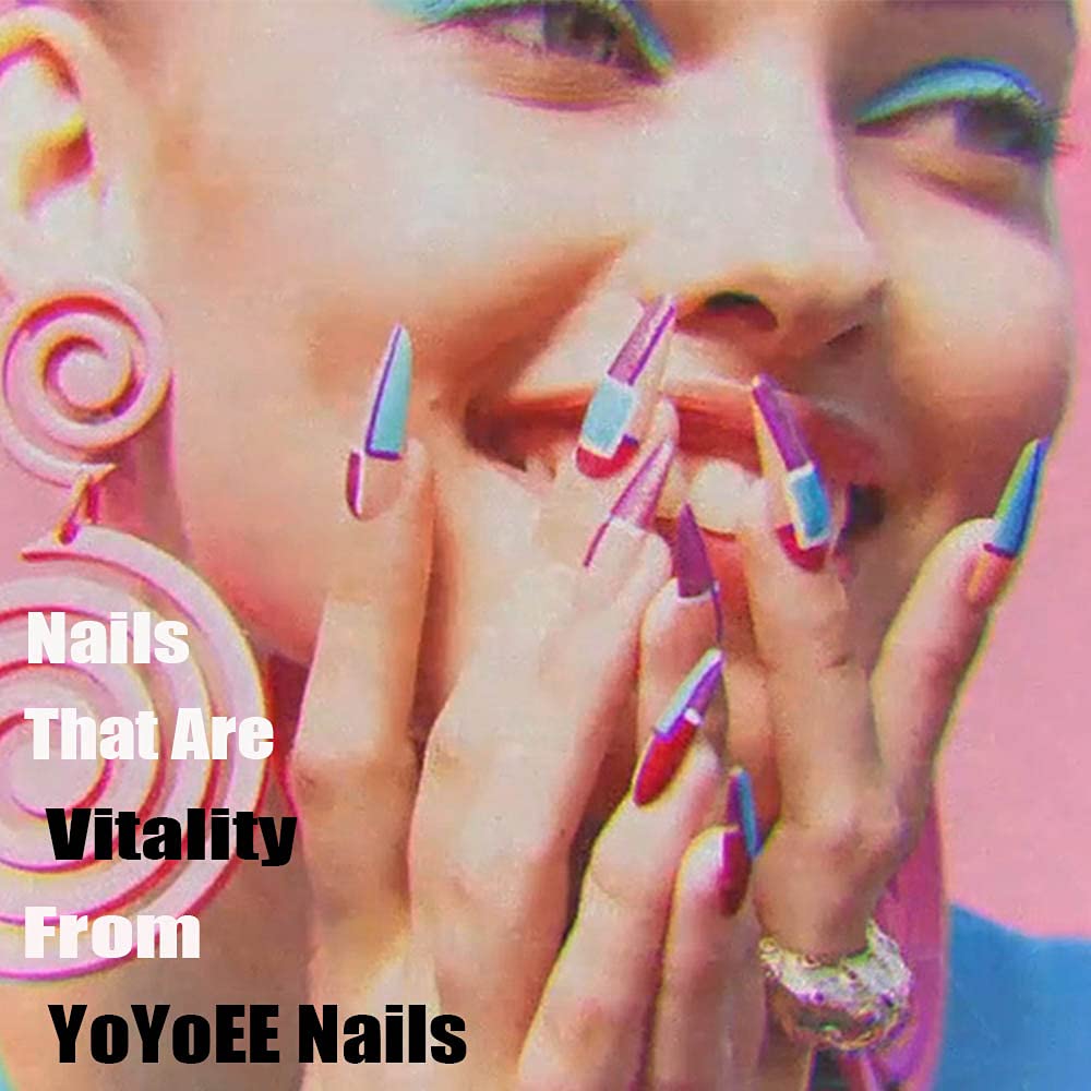 YoYoee Long Coffin False Nails Marble Nails Press on Nails Bling Fake Nails Acrylic Ballerina Nails Tips for Women and Girls 24PCS