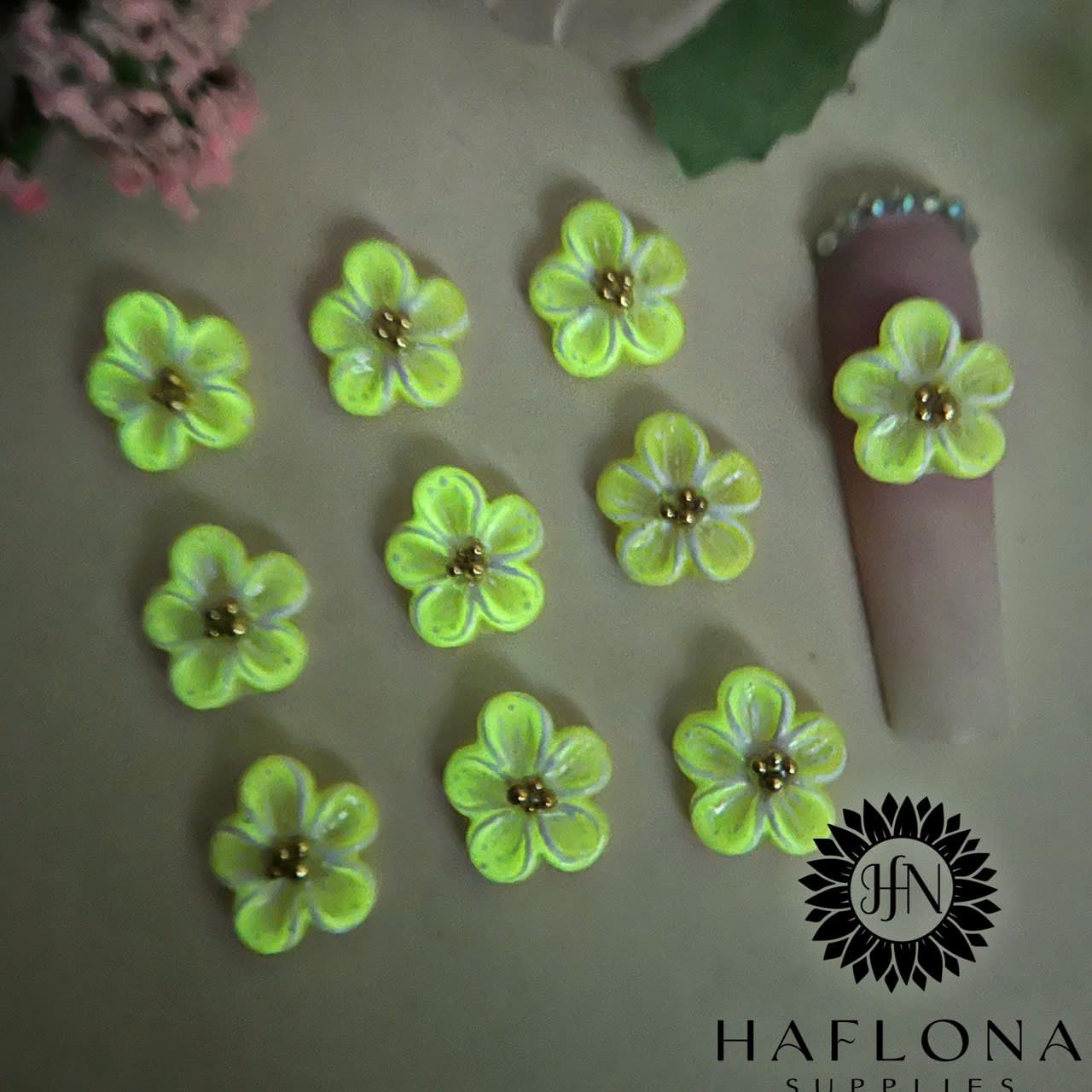 Set 6Pcs 3D Neol Glow Flowers Nails Charms Handmade by Gel, Design For Medium & Long Nail 3D Flower For Nail Art Floral Salon Decor For Women Girls (Neol Glow Apricot-Large 6Pcs)