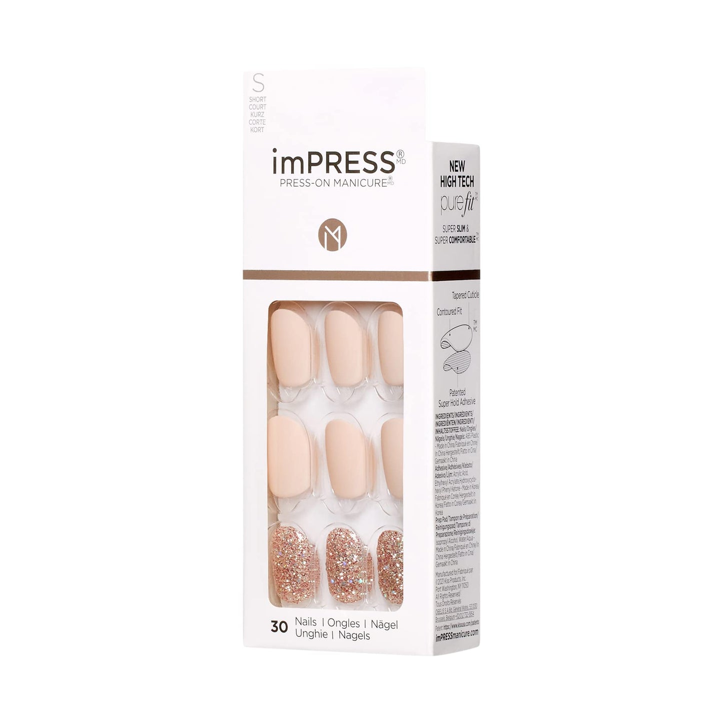 KISS imPRESS Press-On Manicure, Nail Kit, PureFit Technology, Short Press-On Nails, Evanesce, Includes Prep Pad, Mini File, Cuticle Stick, and 30 Fake Nails (Pack of 2)