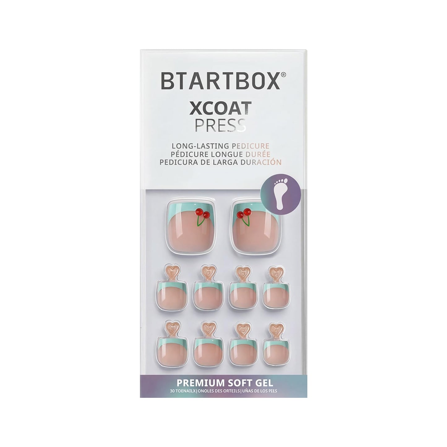 BTArtbox Press On Toenails Short - Berry Pail, Lamp-Curable 4-Week Wear 3D French Tip Square Toe Nail Press Ons with Glue and Adhesive Tabs, Easy-to-Apply in 15 Sizes - 30 Toenails All-in-One Kit