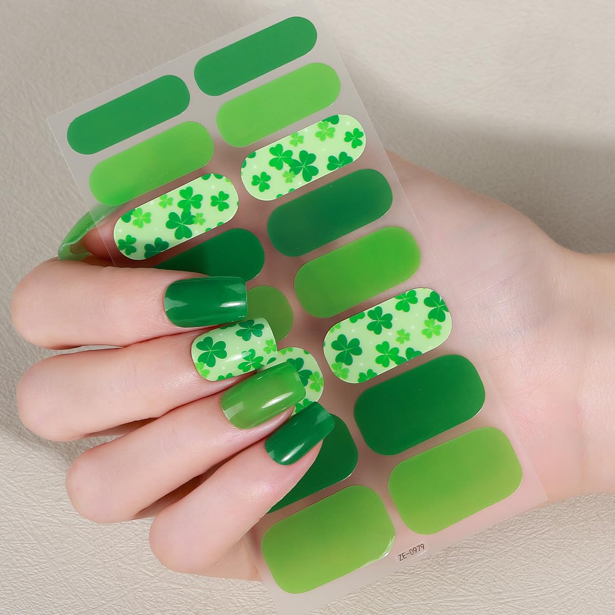 4 Sheets St Patrick’s Day Gel Nail Stickers for Nail Art Shamrock Gel Nail Polish Strips Green Clover with Glitter Design Green Irish Stickers Full Wrap Gel Nail Strips Sticker for Manicure Salon