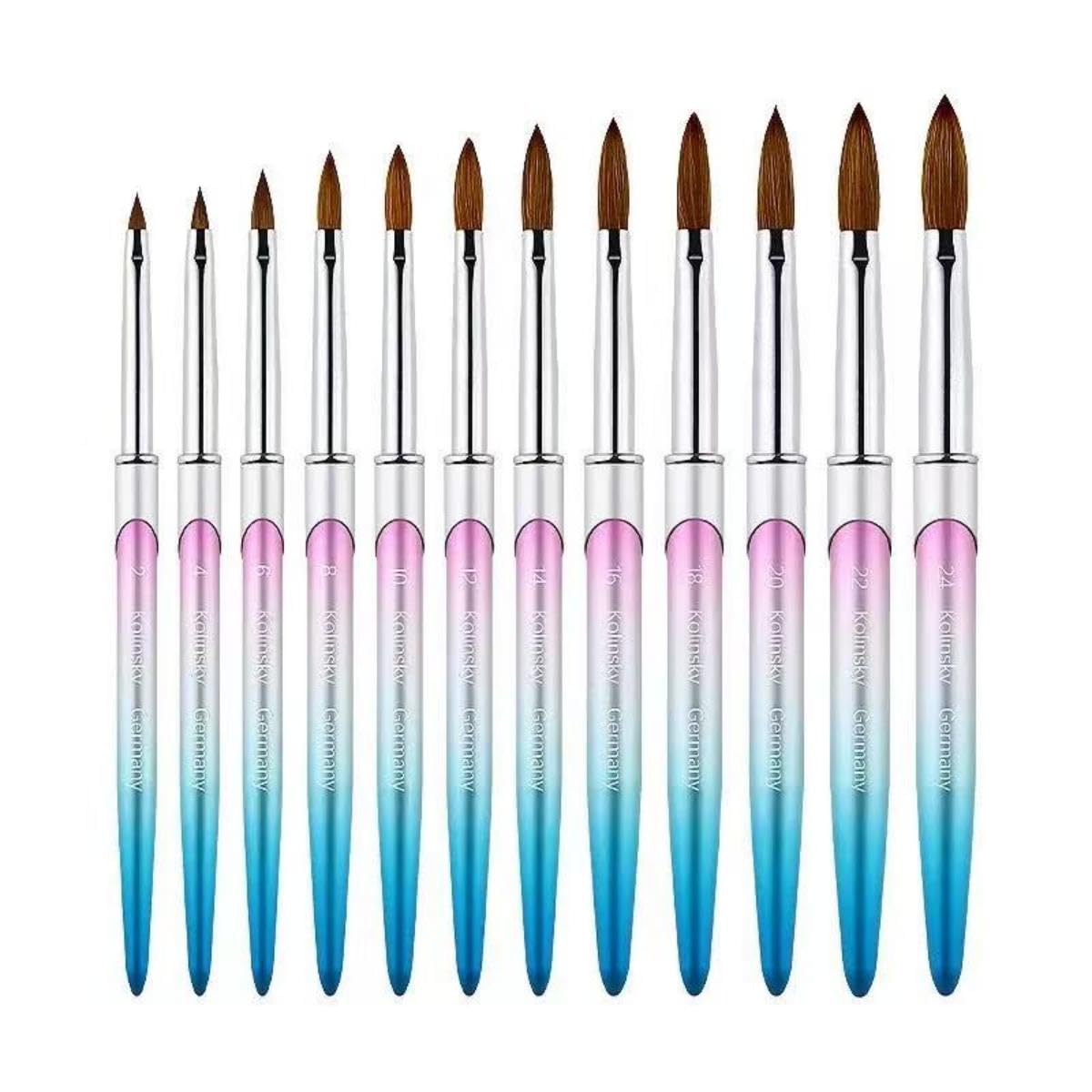 100% Pure Kolinsky Acrylic Nail Brush Size 8, Hair Acrylic Crystal Ombre Pink Silver Blue Handle with Silver Ferrule Round Shaped for Women Girls Manicure Nail Tools Accessories