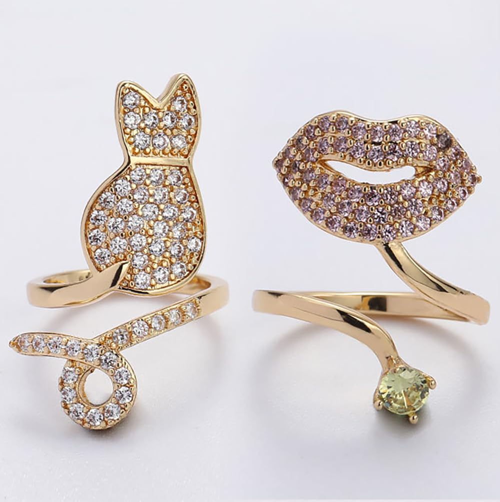 Izpack Rhinestone Cat Finger Nail Ring for Women - Adjustable Cubic Zirconia Kitten Animal Pet Open Fingernail Rings Cute Jewelry Accessories for Party Christmas Birthday Wedding Daily Use