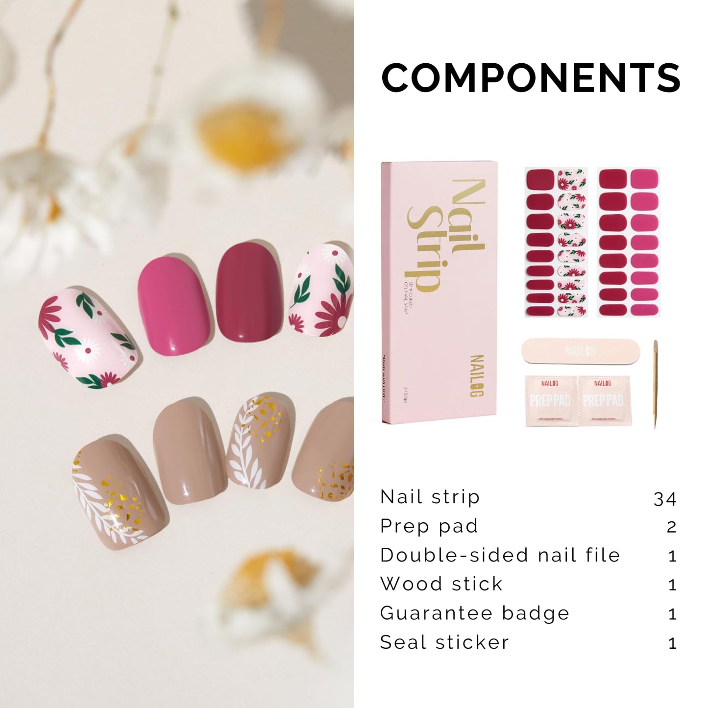 Semi Cured Gel Nail Strips - NAILOG 34 Pcs Floral Nail Stickers Extra Long Nail with Glossy Gel Finishing for Autumn Winter, in The Meadow