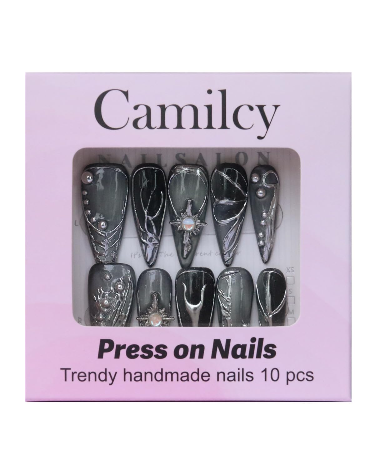 CAMILCY Luxury Handmade Press On Nails Gray Silver Gradient Almond 3D Design Long Stiletto Fake Nails Salon Quality Reusable Acrylic Nails for Women (B07, L)