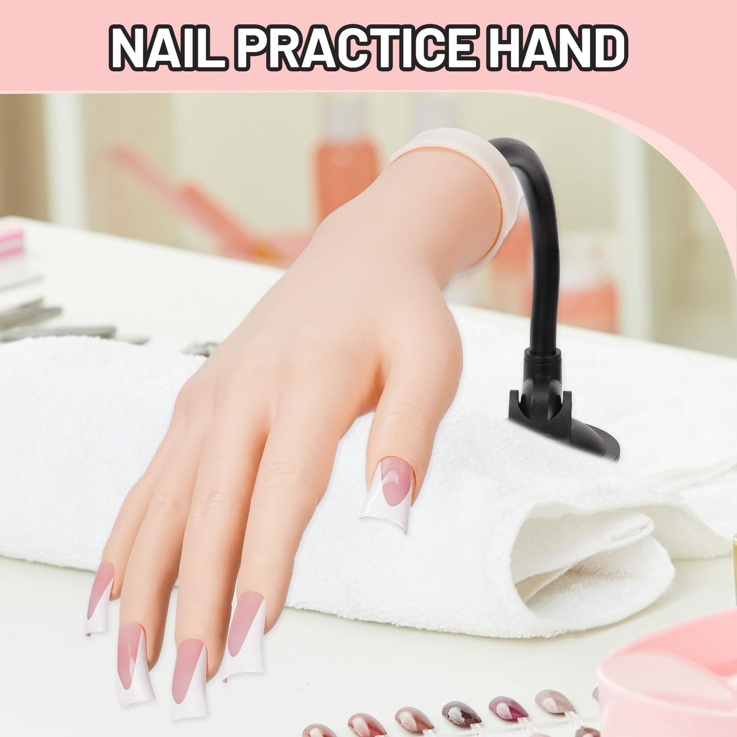 Naughtology Silicon Practice Hand for Acrylic Nails, Realistic Fake Hand with Stand, 40 Nail Tips and 48 Adhesive Tabs, Reusable & Flexible Mannequin Training Model for Manicure & Nail Art Practice