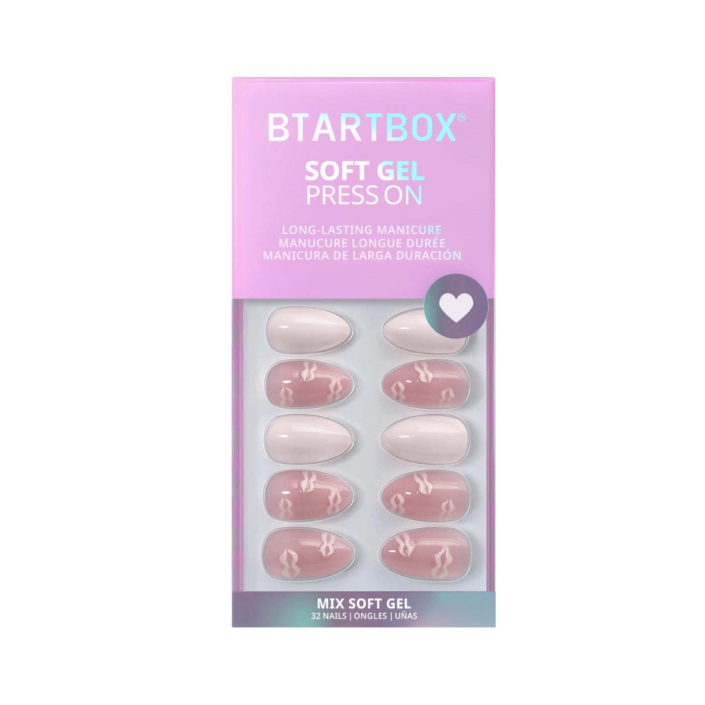 BTArtbox Press On Nails Short - Dainty Kiss, 3D Pink Lip Almond Press On Nails with Glue and Adhesive Tabs for Women in 16 Sizes - 32 Nails All-in-One Kit