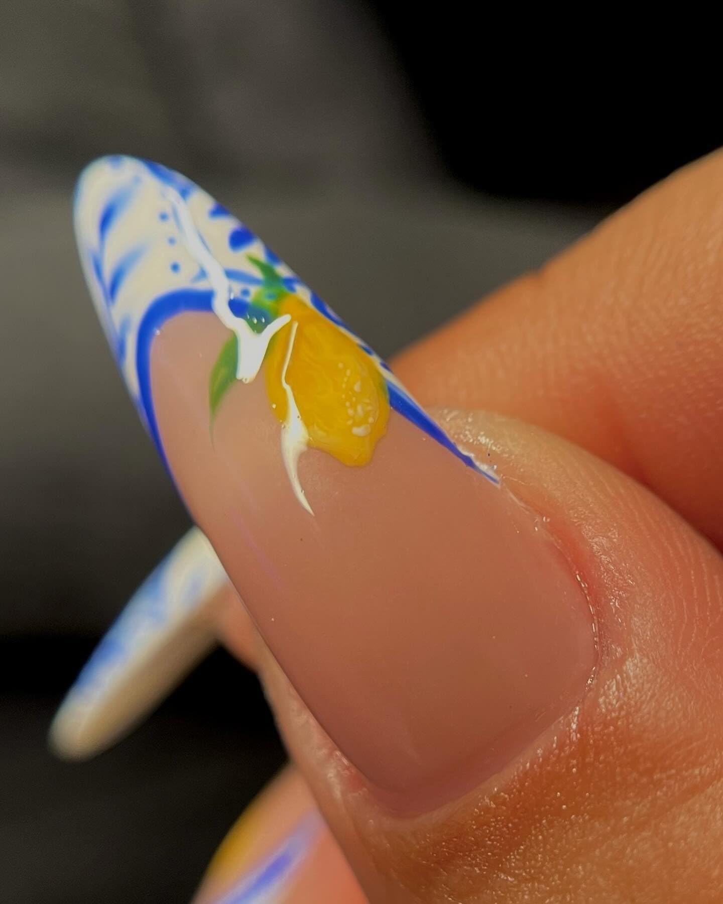 Handcrafted Press On Nails Italian Vacation Style Lemon & Blue Ceramic Pattern 100% Handmade Realistic Artistic Fake Nails With Adhesive Glue Tabs Gifts For Women (Hand-Painted Lemon,Long Stiletto M)