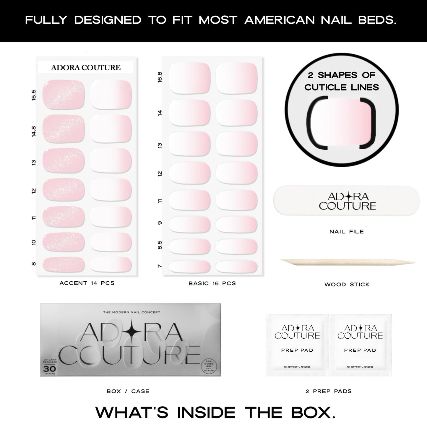 Adora Couture Semi Cured Gel Nail Strips with 30 Pieces - Salon Quality Manicure Kit for Women Easy Application Wraps Includes Prep Pads Nail File Wooden Stick, UV Light Required (Milky Rose)