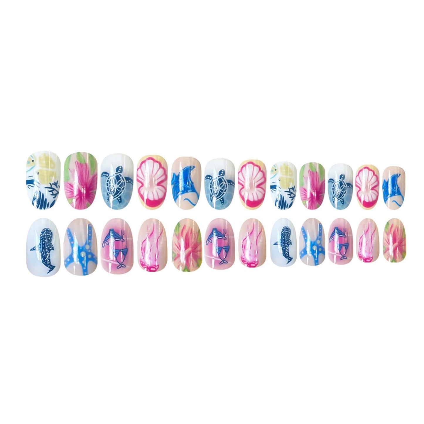 Summer Ocean Press on Nails Flowers Medium Almond False Nails with Starfish Sea Turtle Design Full Cover Glue on Nail Marine Animals Reusable Acrylic Fake Nails Artificial Stick on Nail for Women
