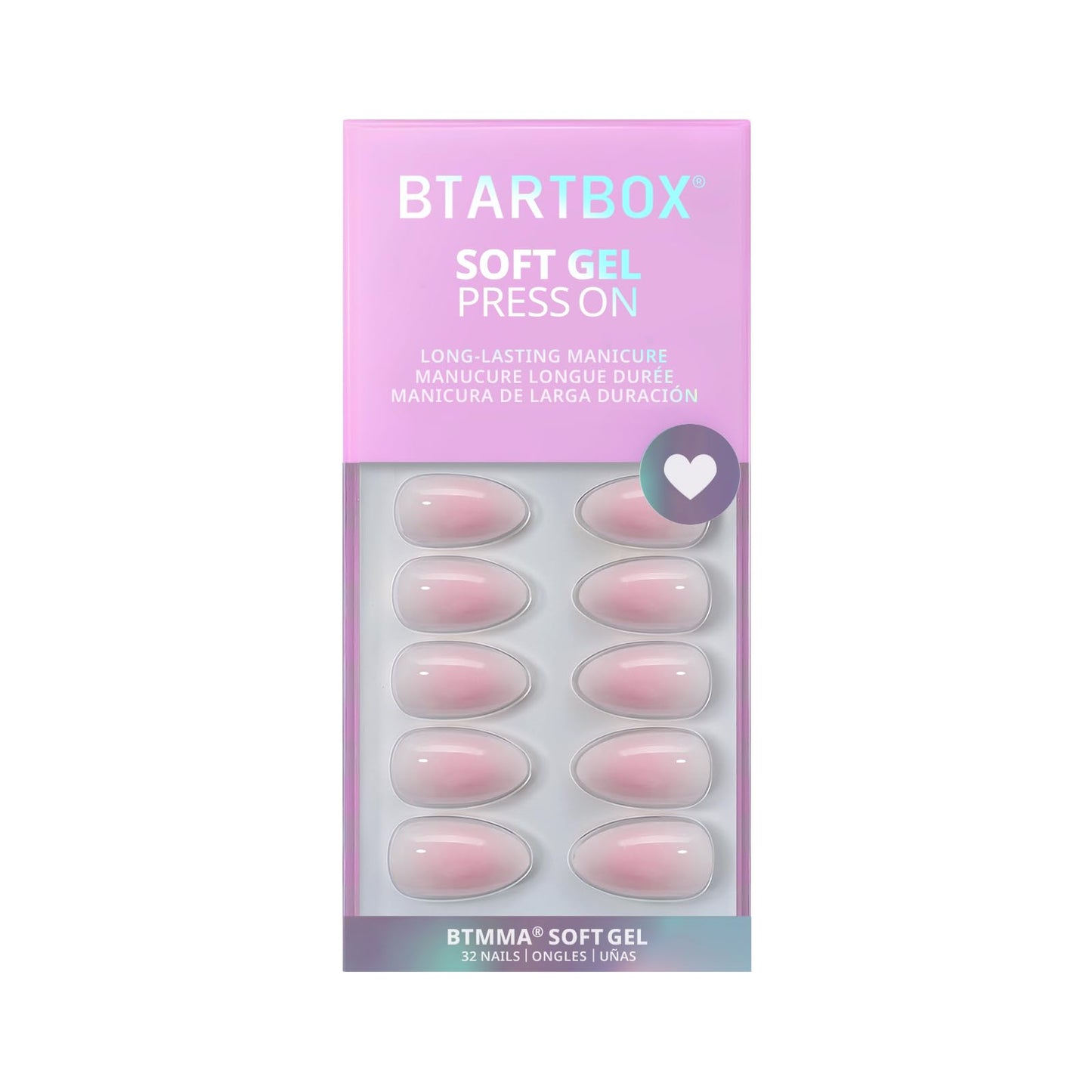 BTArtbox Press On Nails Short - Pink Ombre Almond Press On Nails with Glue for Women, Opaque Soft Gel Glue On Nails in 16 Sizes - 32 Stick On Nails Kit, Love Letter