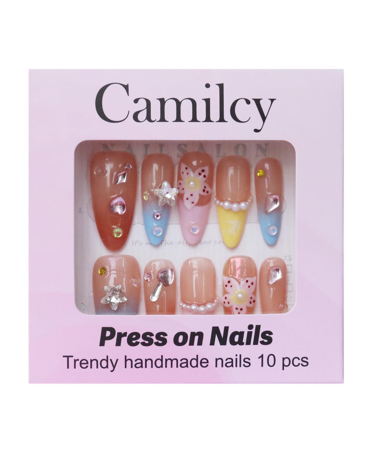 CAMILCY Press on Nails Handmade Nails Luxury Reusable Fake Nails For Girls Long Almond Armor Mixed Color Pink Diamonds Hand Painted Salon Loveful Design Acrylic Gel UV Finished 3D Nails 10PCS(B11, L)