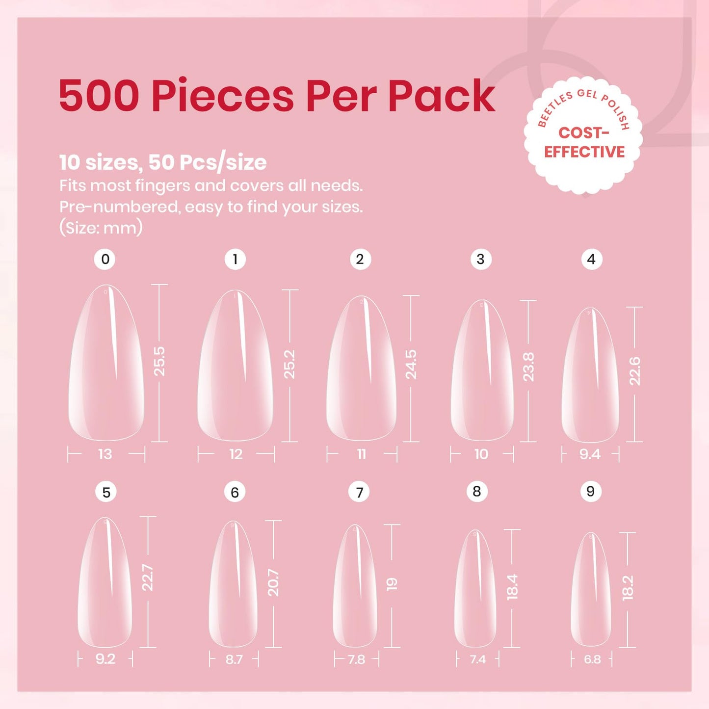 Beetles Gel Almond Medium Nail Tips Clear, 500Pcs 10 Sizes Pre-Shaped Full Cover Soft Acrylic False Nail Tips Almond Shape Easy DIY Press On Fake Nail Extension Salon Gift for Women