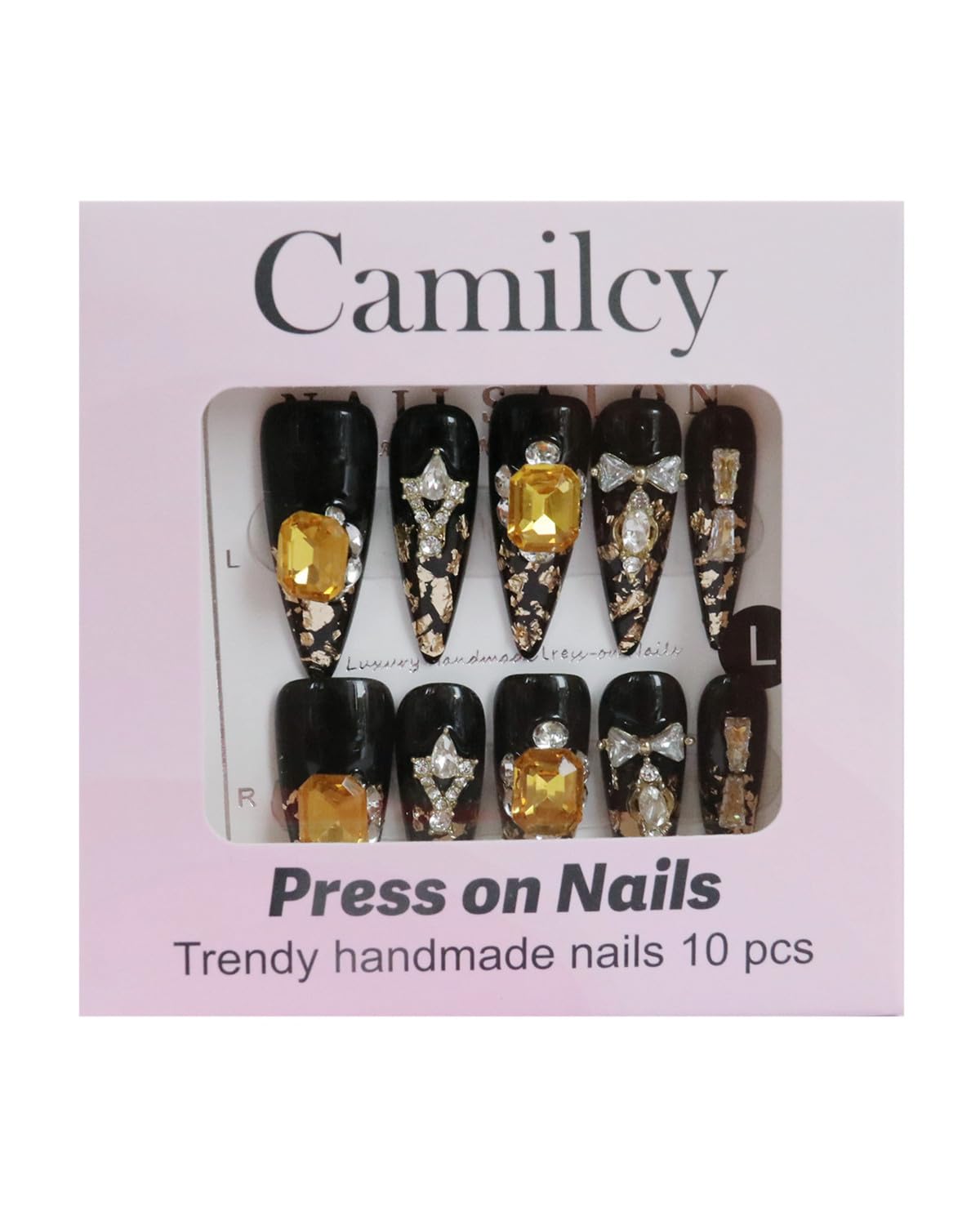 CAMILCY Luxury Handmade Press on Nails Black Gold Stiletto Glossy Reusable Long Fake Nails with Gold Foil Salon Quality Elegant Acrylic Artificial Nails for Women 10pcs(A020, L)