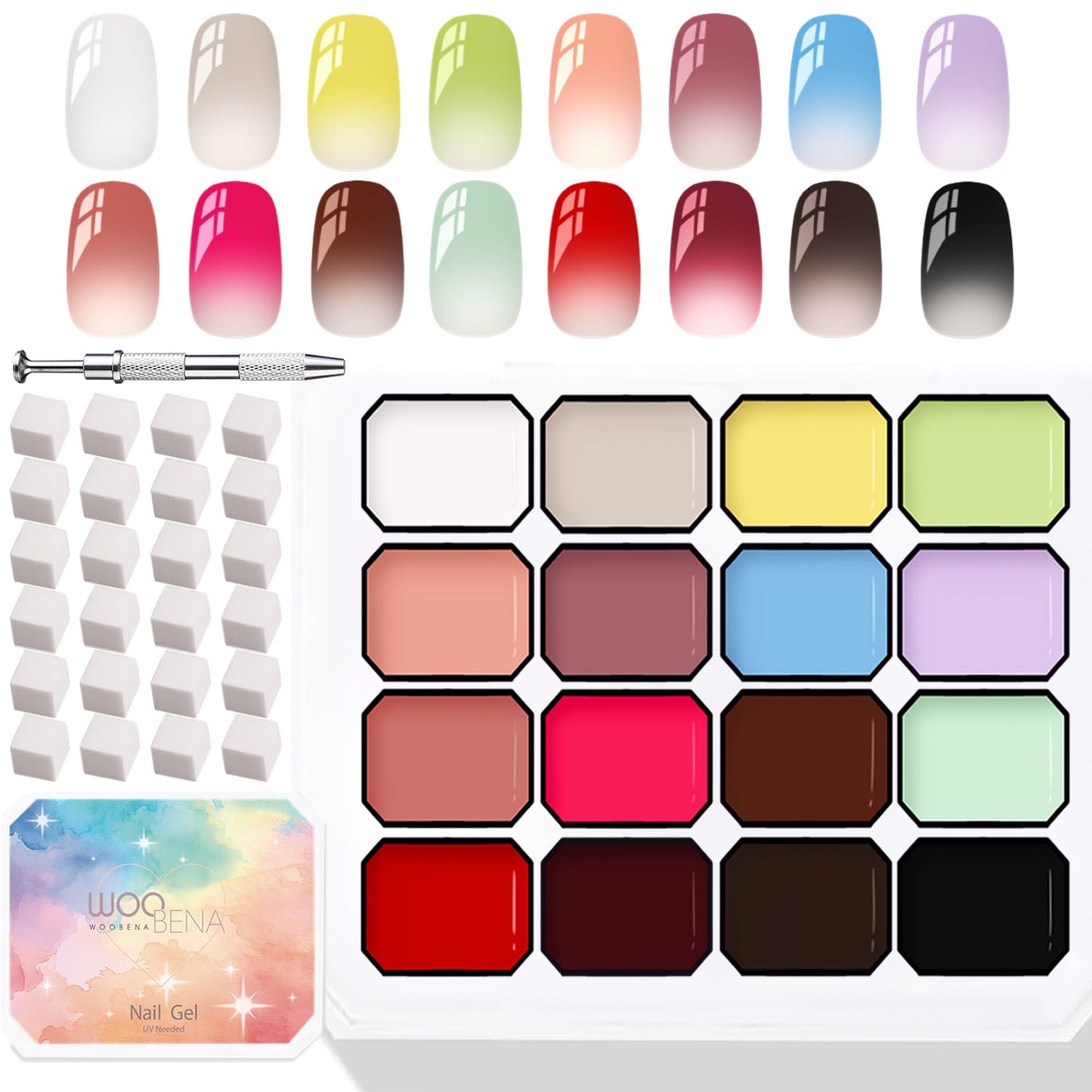 Woobena Pat Pat Gel Nail Polish Set,16 Colors Gradient Patting Gel Polish- Highly Pigmented,No Wipe Ombre & Blooming Gel for French Manicure, DIY Nail Art with 100 Sponges & 1 Grabber,UV/LED Cured
