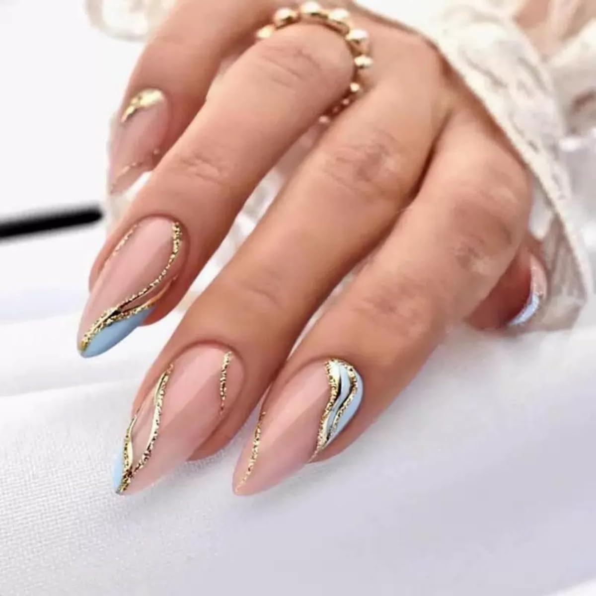6 Packs (144 Pcs) Press on Nails Medium Almond Fake Nails Swirls False Nails with Designs Glitter Line Glue on Nails Full Cover Glossy Acrylic Stick on Nail for Women Manicure