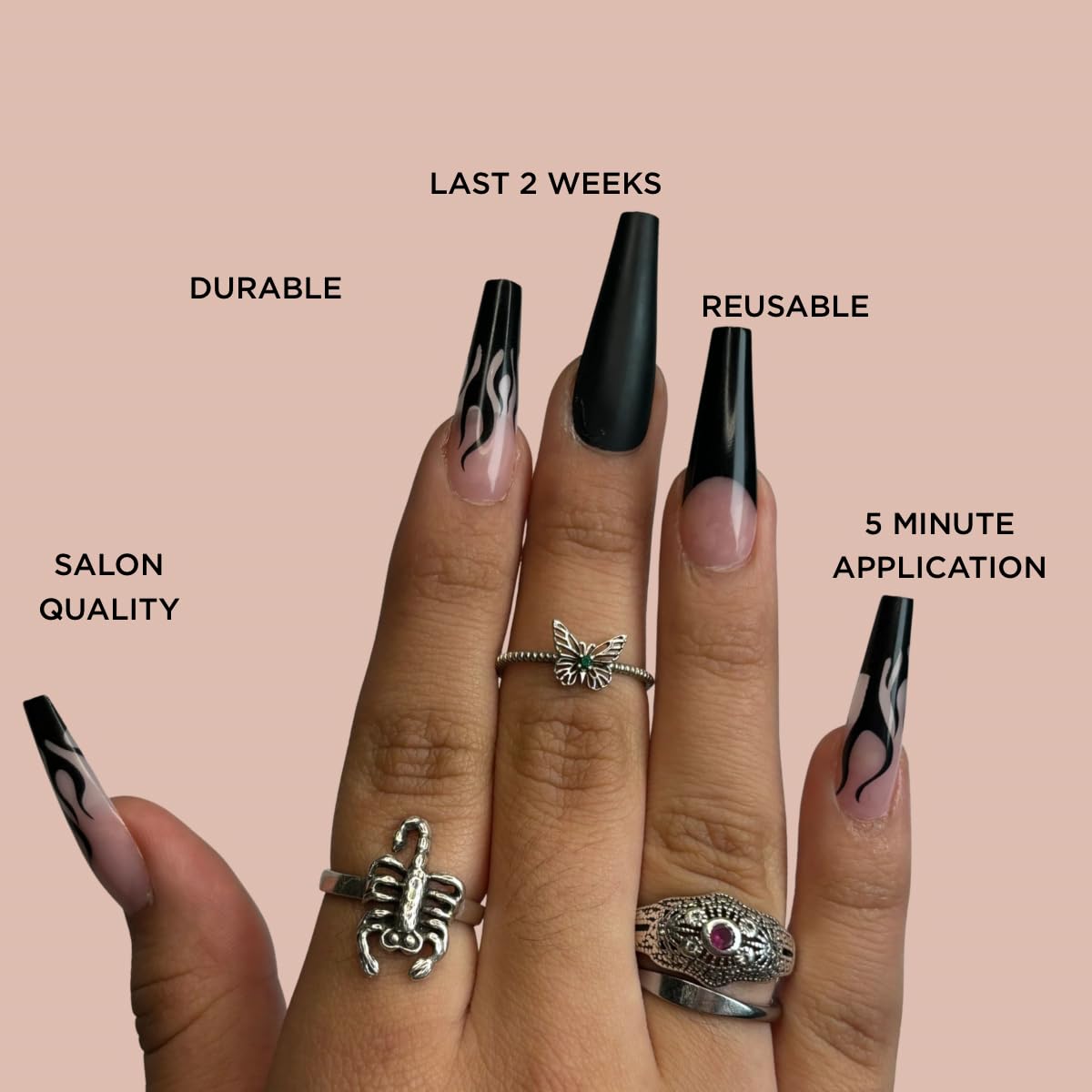 SLAYED Press-On Nails by Lavaa Beauty | Extra-Long Coffin | Black Flame Nail Tips
