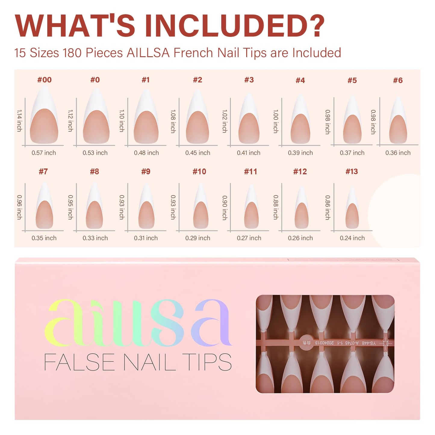 AILLSA French Gel Nail Tips, 180 Pcs French Tip Press On Nails Long Almond Brown, Pre-Applied Primer & Base Coat, No Need File, Long Almond Nails Tips, Fake Nails for Nail Art DIY 15 Sizes